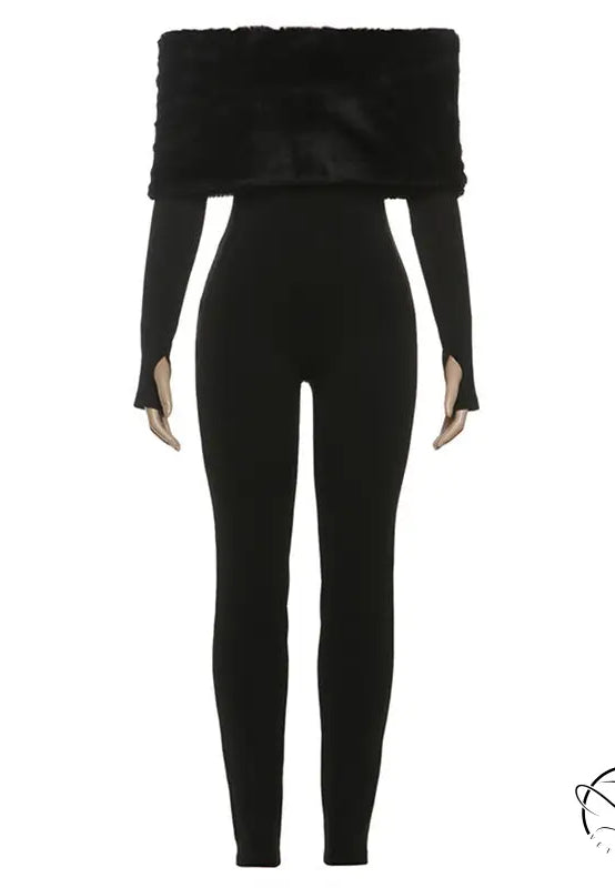 Elegant furry slim fit patchwork jumpsuit in black off-shoulder with ruffles