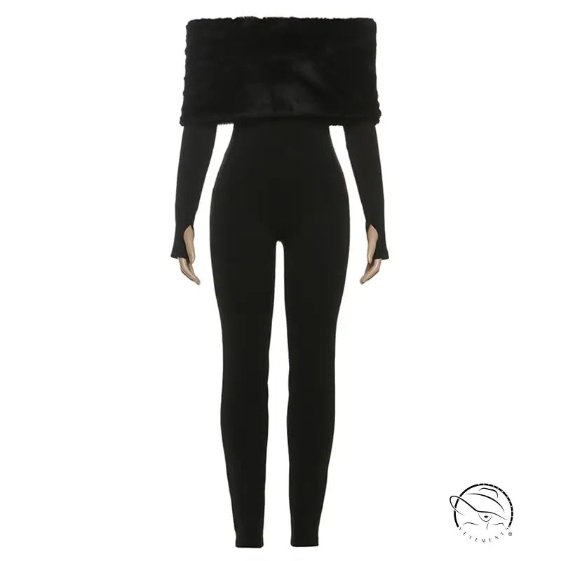 Elegant furry slim fit patchwork jumpsuit in black off-shoulder with ruffles