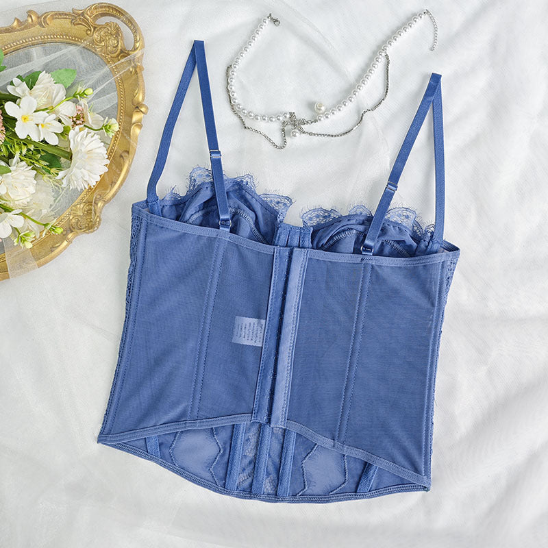 Blue lace-trimmed corset top from Cute Push Up Corset for elegant fashion and ملابس styles