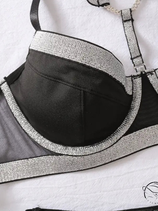 Black and silver glitter bra set with love ring buckle