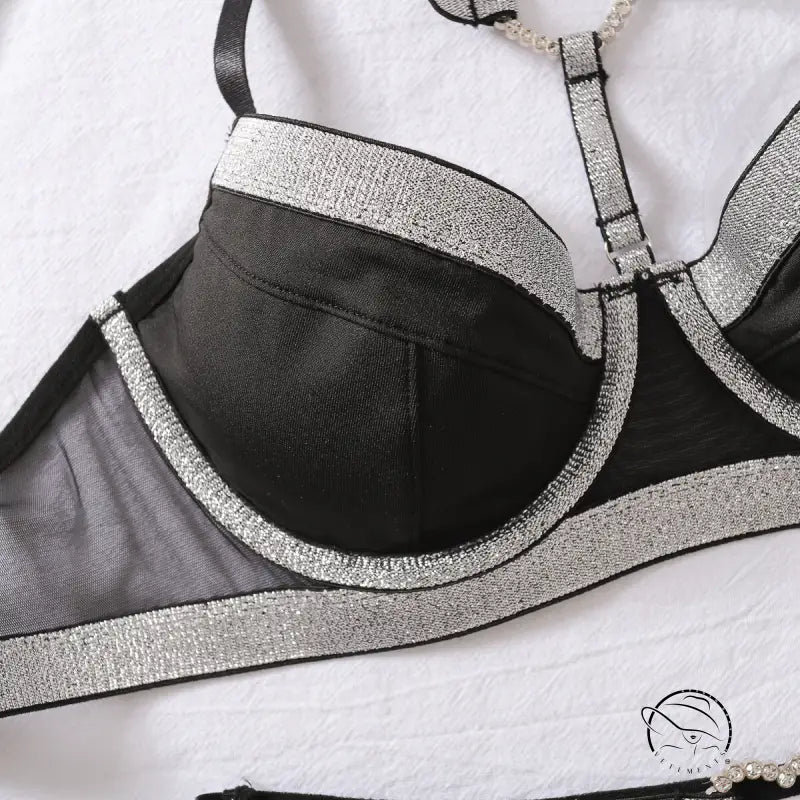 Black and silver glitter bra set with love ring buckle