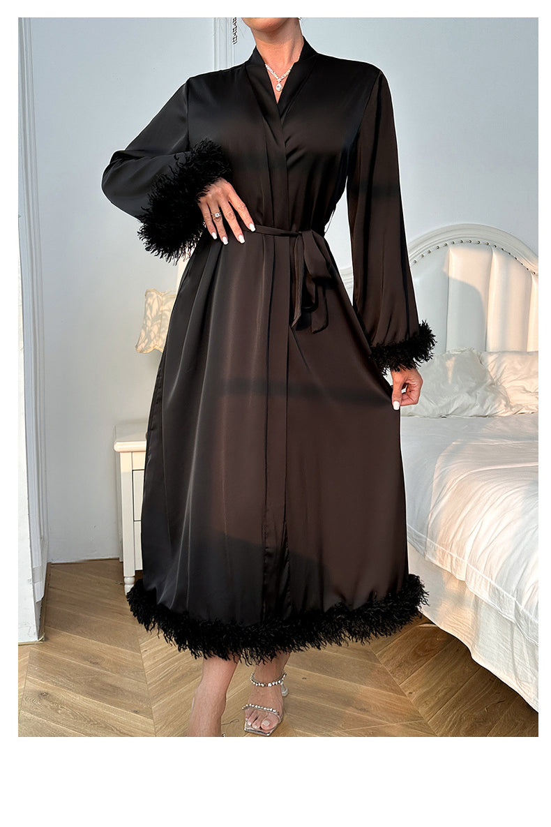 Black satin feather-trim long sleeve nightgown in luxury fashion