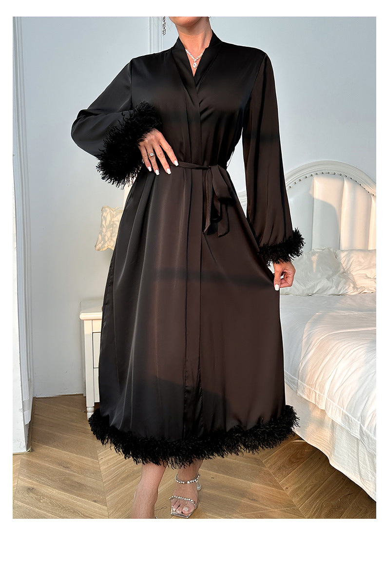 Black satin feather-trim long sleeve nightgown in luxury fashion