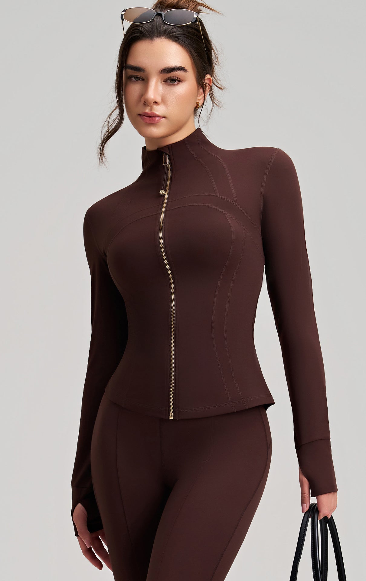 Brown long sleeve high neck zip-up bodysuit for yoga fashion