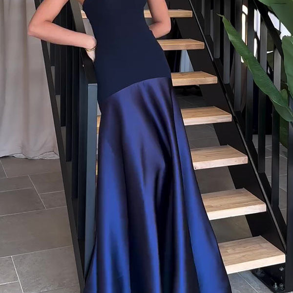 Strapless navy blue gown from Beautiful Satin Dress, a stunning choice for fashion enthusiasts