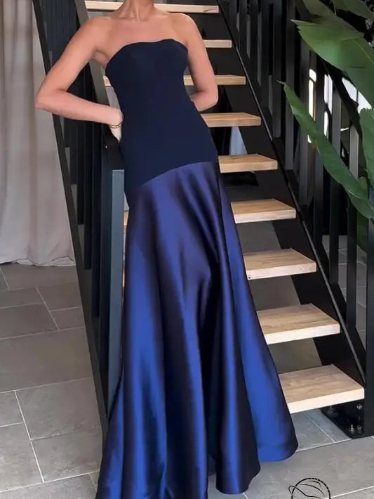Elegant strapless navy blue satin dress in Langry fashion