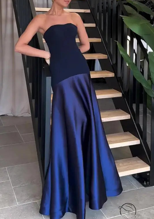 Elegant strapless navy blue satin dress in Langry fashion