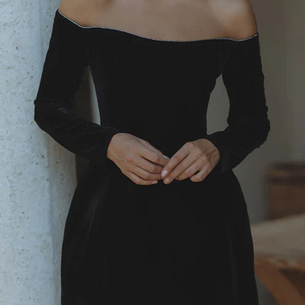 Elegant Velvet Diamonds off Shoulder Short Dress in black, perfect for fashionable events