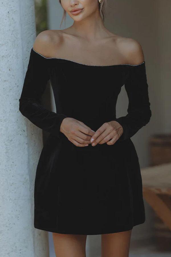 Elegant Velvet Diamonds off Shoulder Short Dress in black, perfect for fashionable events