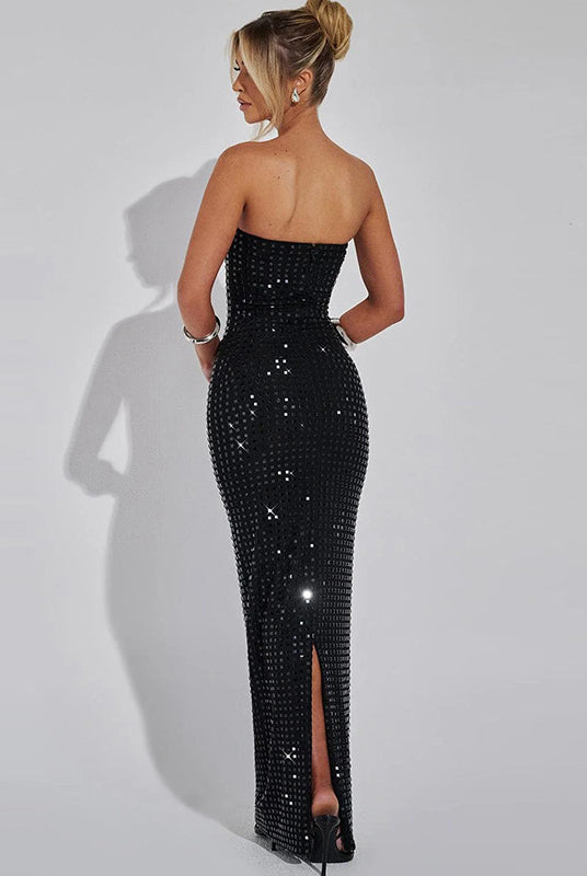 Strapless black sequined evening gown with back slit, perfect for elegant fashion occasions