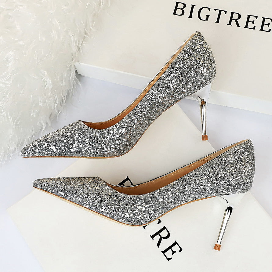 Sparkly silver high heels from Shoes Stiletto Heel enhance any fashion ملابس collection