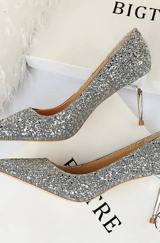 Sparkly silver langry fashion stiletto high heels