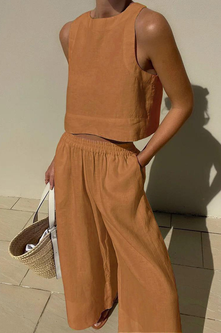 Casual Loose Sleeveless Shirt Two Piece Set in matching orange for stylish langry fashion