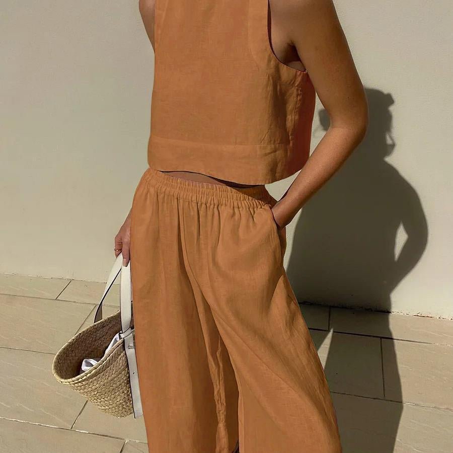 Casual Loose Sleeveless Shirt Two Piece Set in matching orange for stylish langry fashion