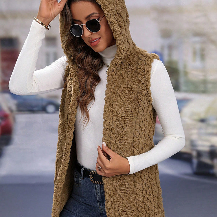Langry fashion brown cable knit hooded vest in diamond plaid texture