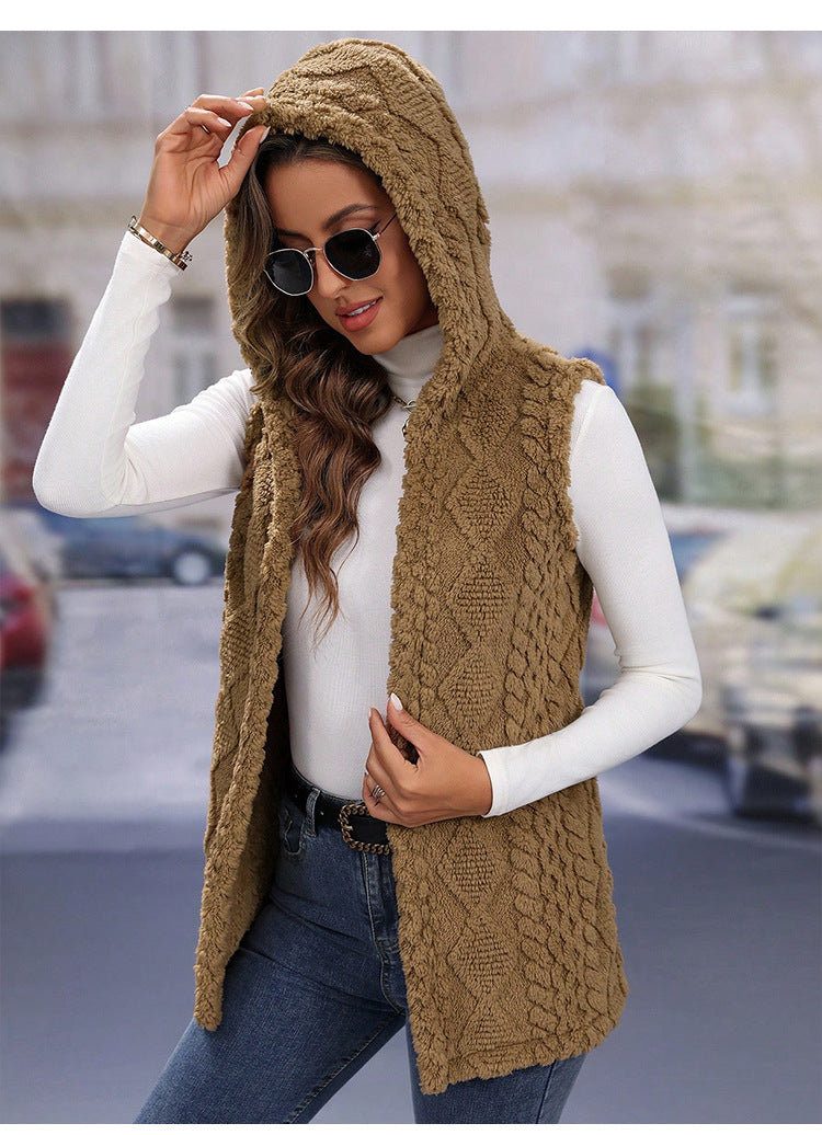 Langry fashion brown cable knit hooded vest in diamond plaid texture