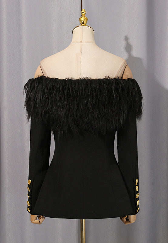 Langry elegant fashion black feathered off-shoulder top with gold buttons