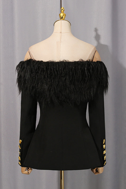 Langry elegant fashion black feathered off-shoulder top with gold buttons