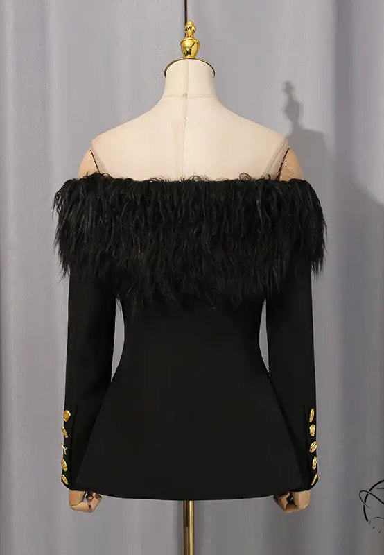 Elegant langry fashion black feathered off-shoulder top with gold buttons