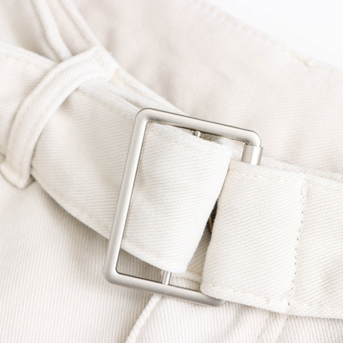 White fabric belt with silver metal buckle for Street Design Wide Leg Jeans fashion ملابس