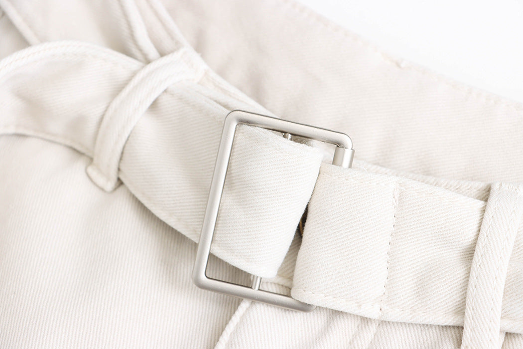 White fabric belt with silver metal buckle for Street Design Wide Leg Jeans fashion ملابس