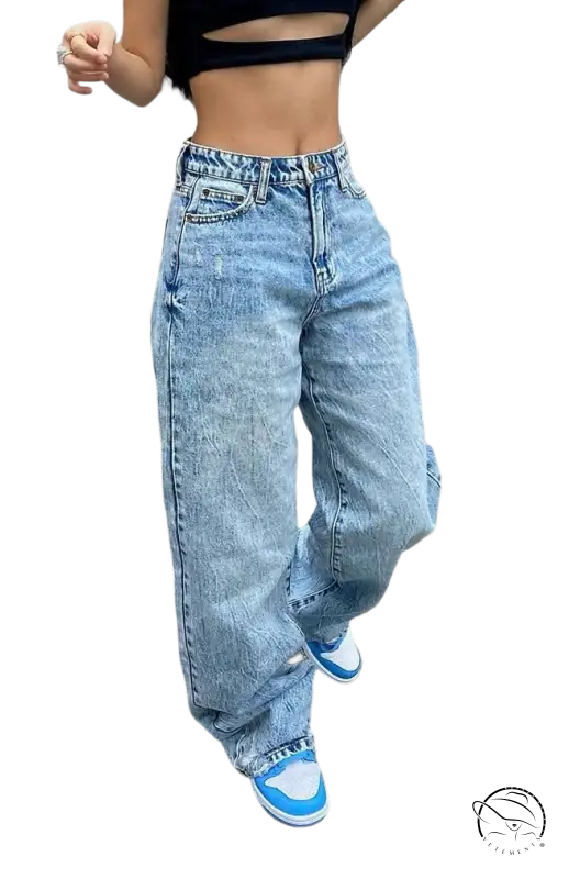 Slim waist loose jeans in light wash baggy blue style