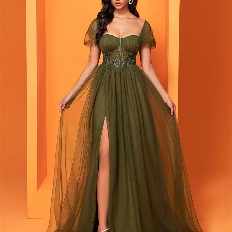Olive green tulle gown with thigh-high slit, a stunning addition to your fashion collection