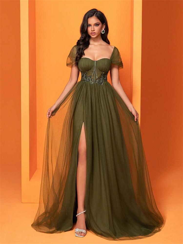 Elegant olive green tulle gown from langry, perfect for evening fashion and ملابس