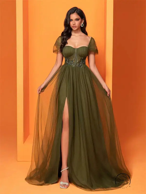Elegant olive green tulle gown from Langry fashion ملابس
