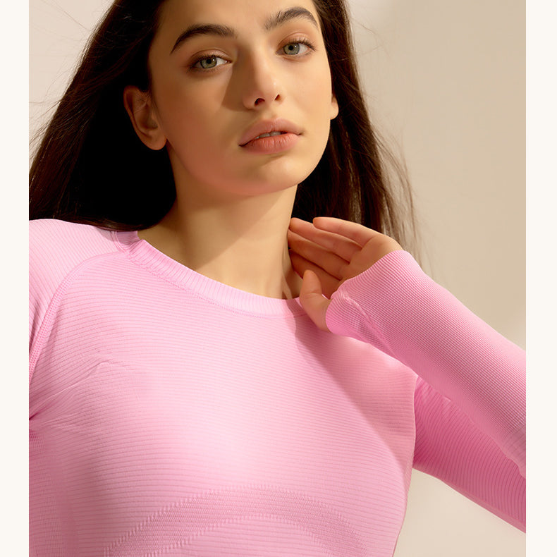 Pink long-sleeved crew neck sweater, ideal for fitness and stylish langry ملابس