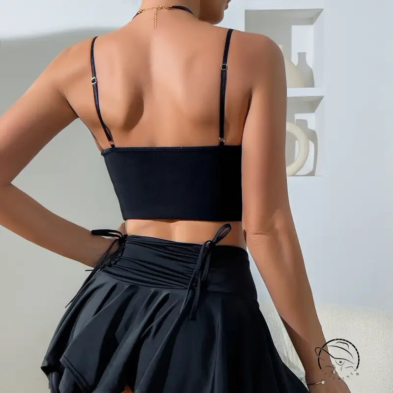 Lace bow low cut sling boning corset vest in black crop top and skirt set