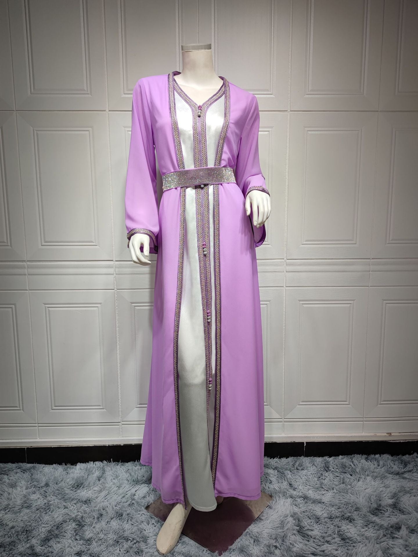 Beautiful langry fashion two-piece dress in lavender, white, and silver