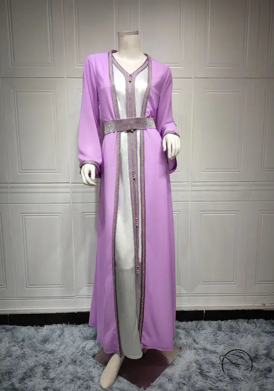 Beautiful langry two-piece fashion dress in lavender and white with silver accents