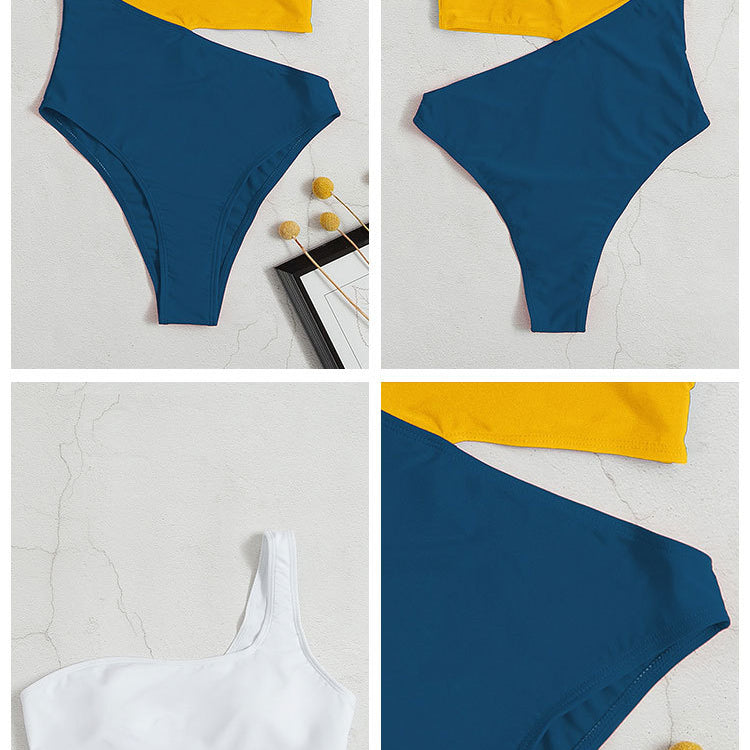 Color-blocked one-shoulder swimsuit with cutout high waist for beach beauty, high waist multicolor style