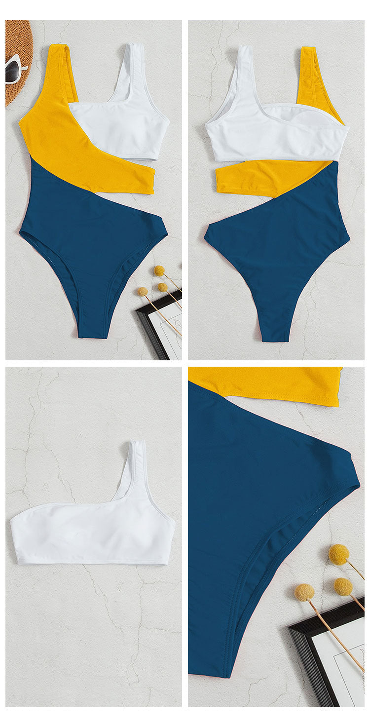 Color-blocked one-shoulder swimsuit with cutout high waist for beach beauty, high waist multicolor style