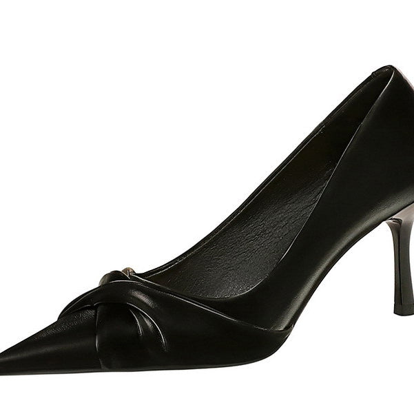 Elegant black satin bow pump in Langry thinner stiletto heel fashion