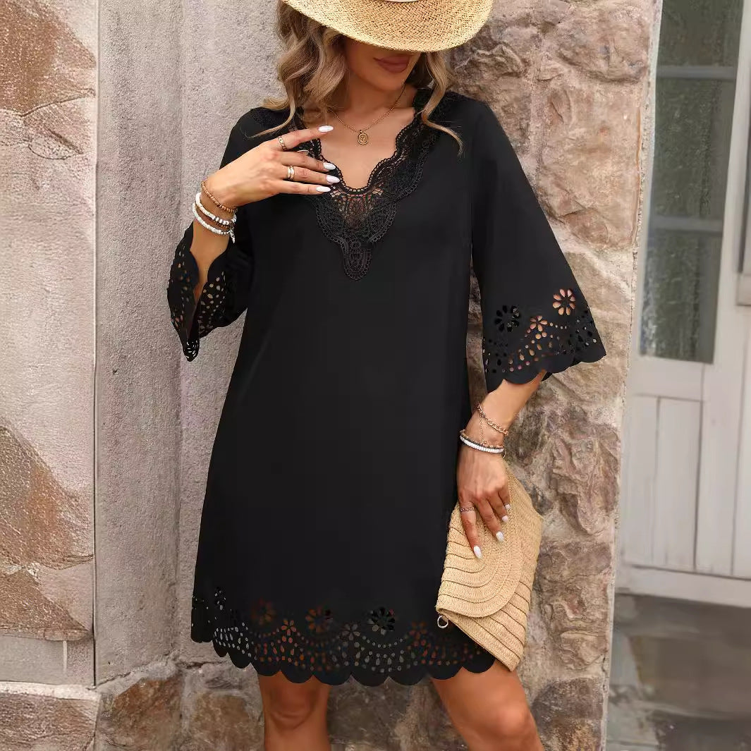 Summer Lady Lace V-neck Hollow out Cutout Dress