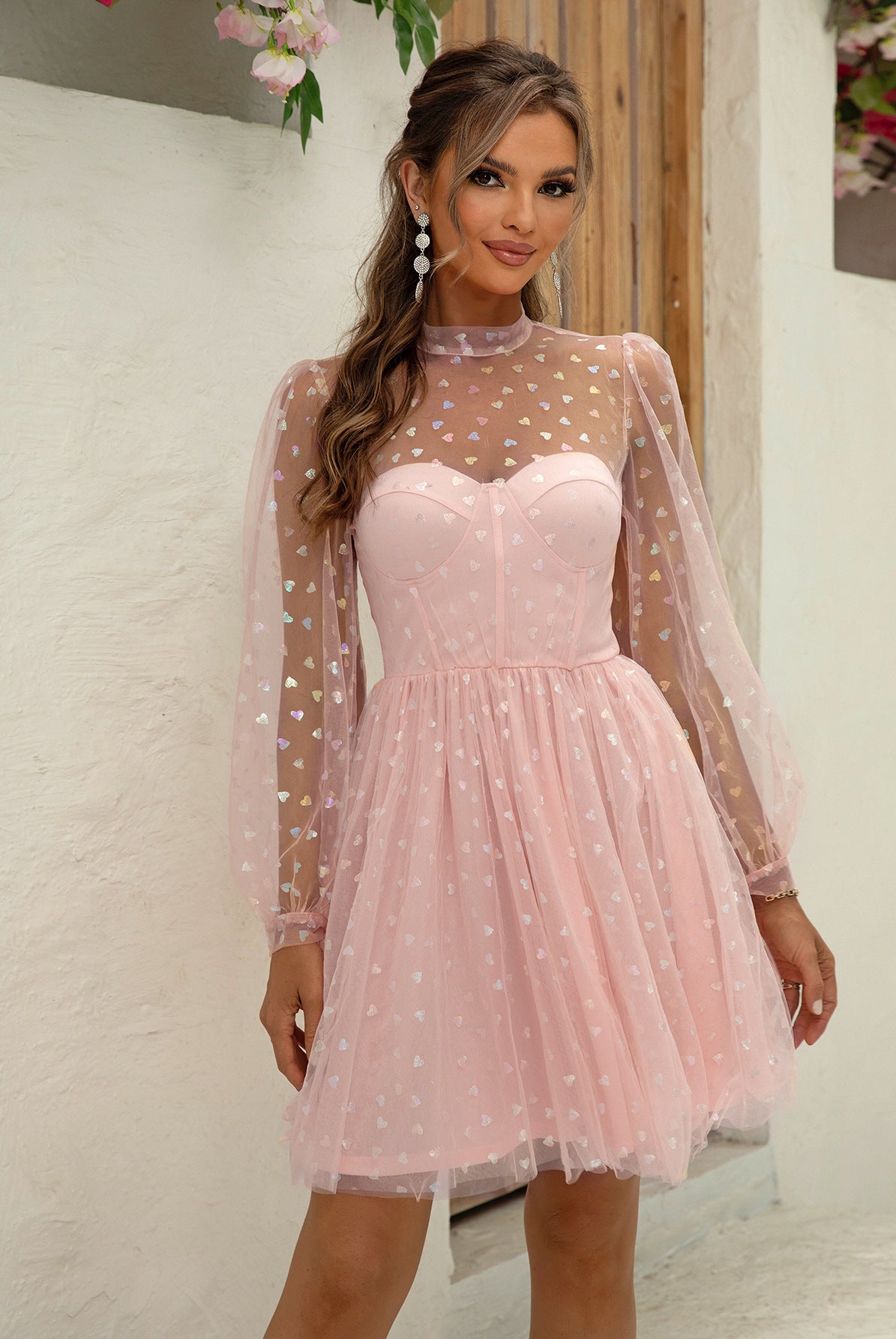 Pink tulle Elegant Barbie Dress with polka dot mesh sleeves and sweetheart neckline fashion