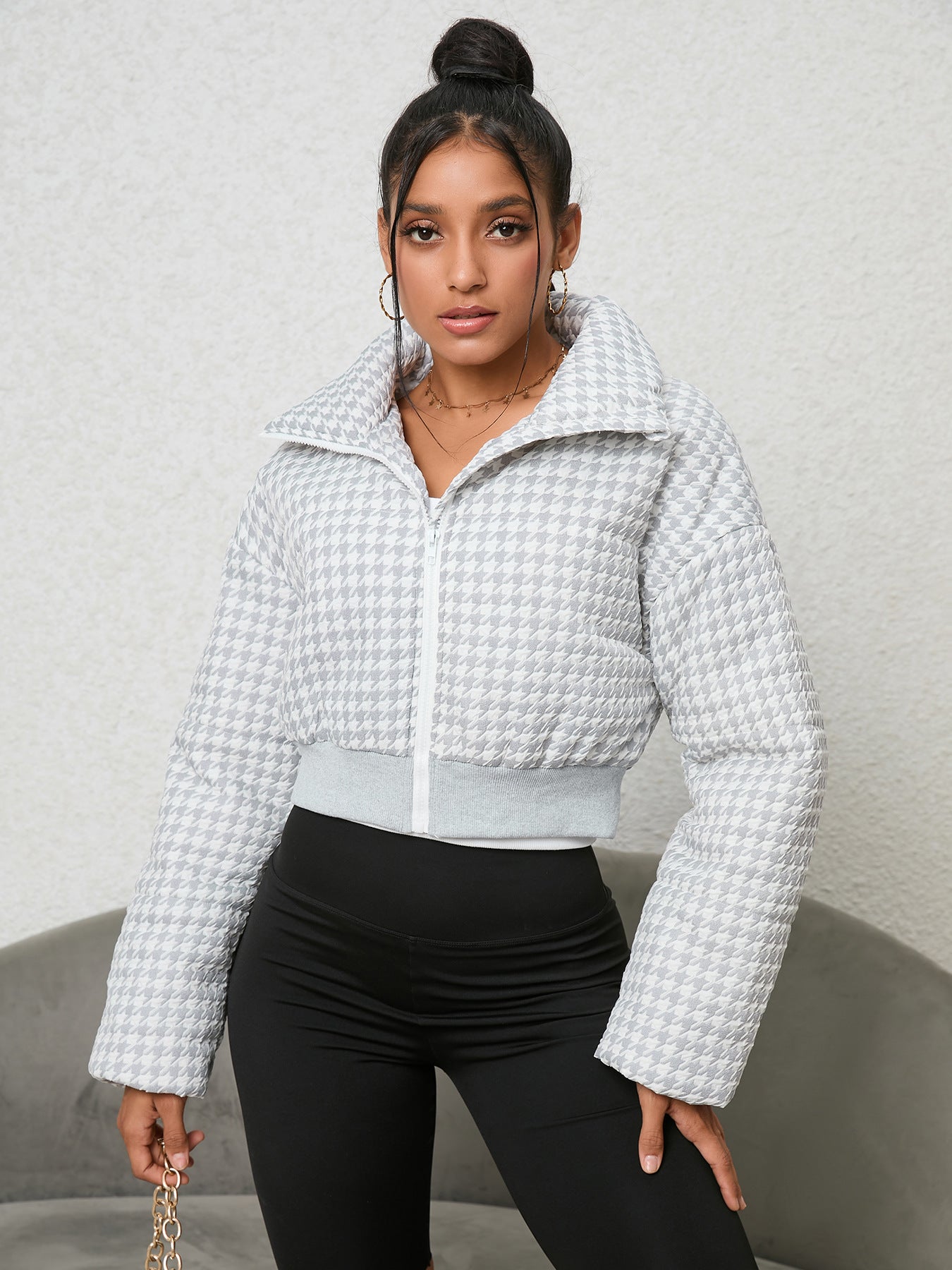 Houndstooth cropped puffer jacket from Langry, stylish ملابس for chilly weather