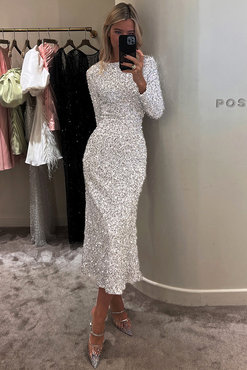 Sparkly white sequined midi dress, perfect for evening fashion and ملابس occasions