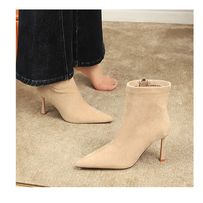 Elegant beige suede langry fashion ankle boots with pointed toe and slim heel