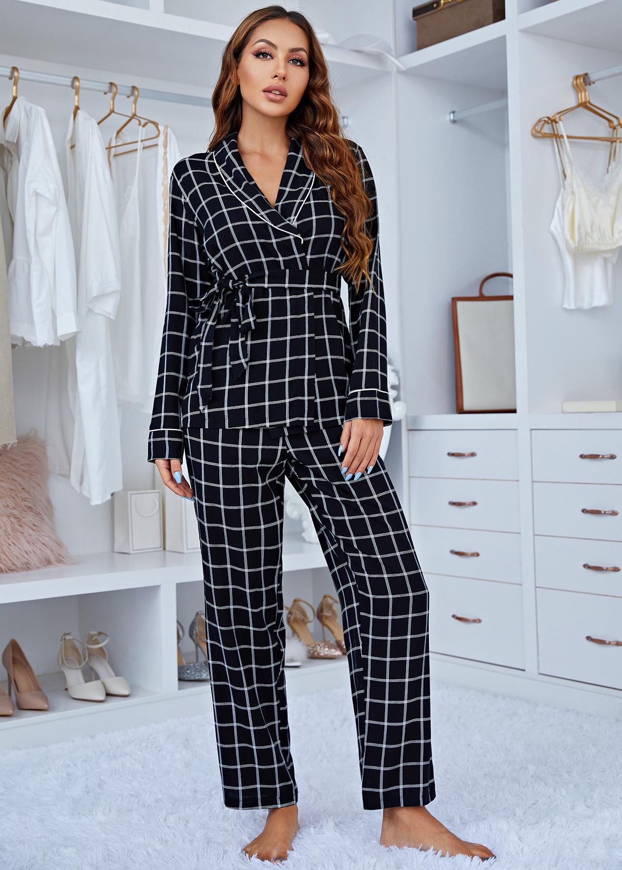 Comfy Plaid Long Sleeve Deep V-Neck Black and White Pajama Set