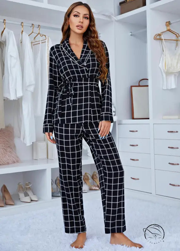 Comfy Plaid long sleeve deep V-neck pajama set in black and white