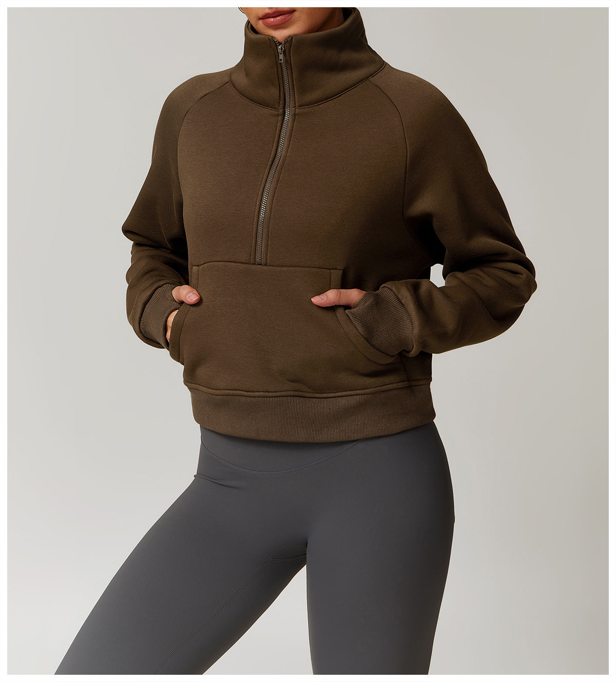 Brown half-zip pullover sweatshirt with kangaroo pocket for winter fashion ملابس by Langry