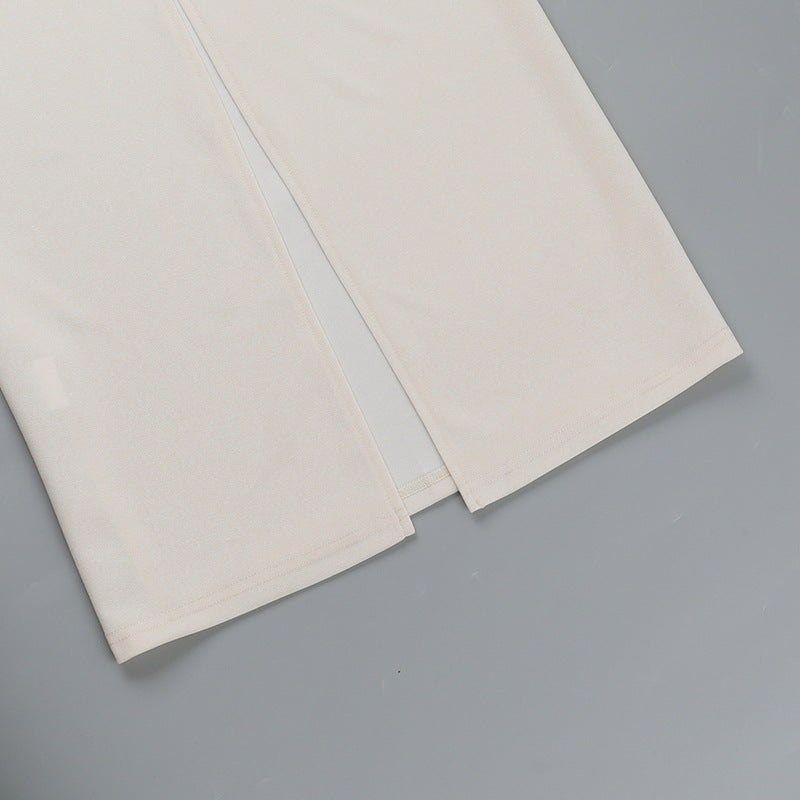 Cream-colored fabric panels of the Elegant Slim Fit Lace Dress in fashion ملابس