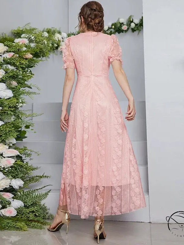 Delicate pink lace midi dress in Langry fashion, slimming fitted bodice