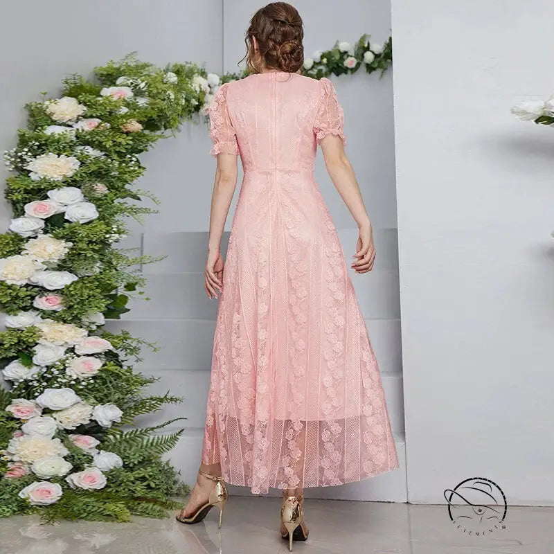 Delicate pink lace midi dress in Langry fashion, slimming fitted bodice