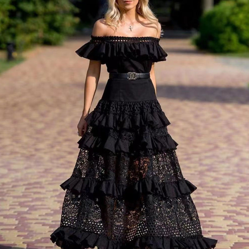 Elegant black off-the-shoulder ruffled dress showcasing trendy fashion and stylish ملابس for women