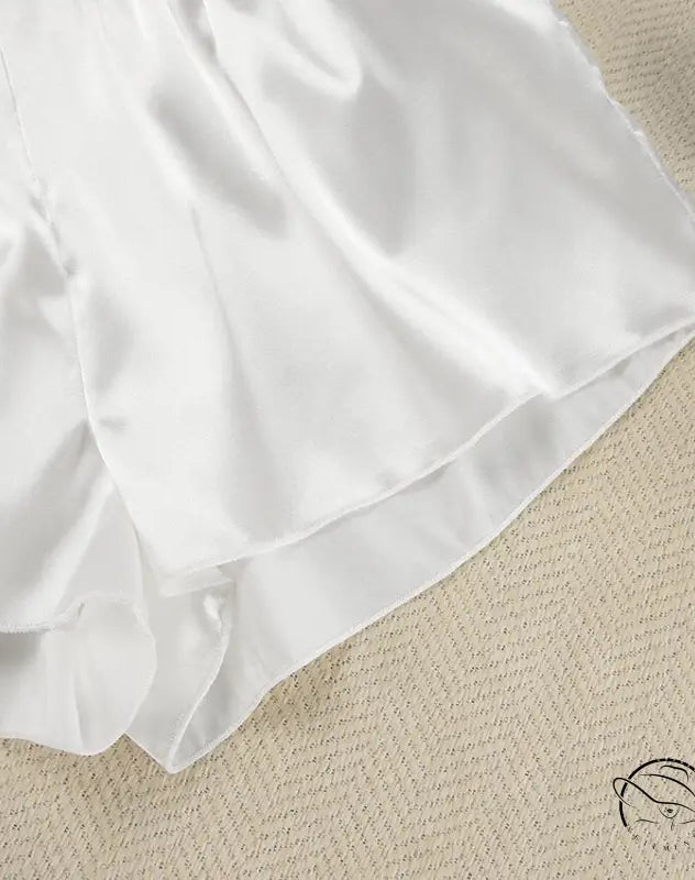 White satin shorts with ruffled hem for luxury home wear fashion