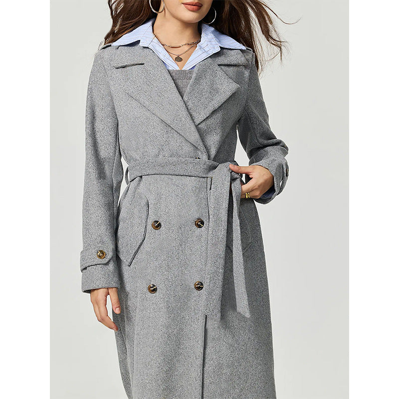 Grey wool trench coat with double-breasted buttons and belt, Langry fashion outerwear